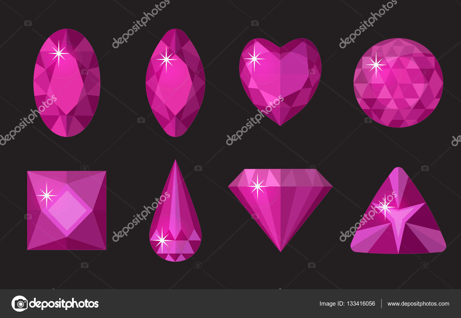 Pink gems set. Jewelry, crystals collection isolated on black background.  Precious stones of different shapes, cut. Colorful gemstones. Realistic,  cartoon style. Vector illustration Stock Vector by ©Amelie1 133416056